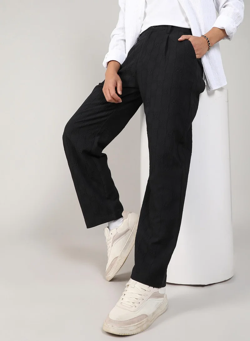 Campus Sutra Men's Midnight Black Creased-Check Trousers