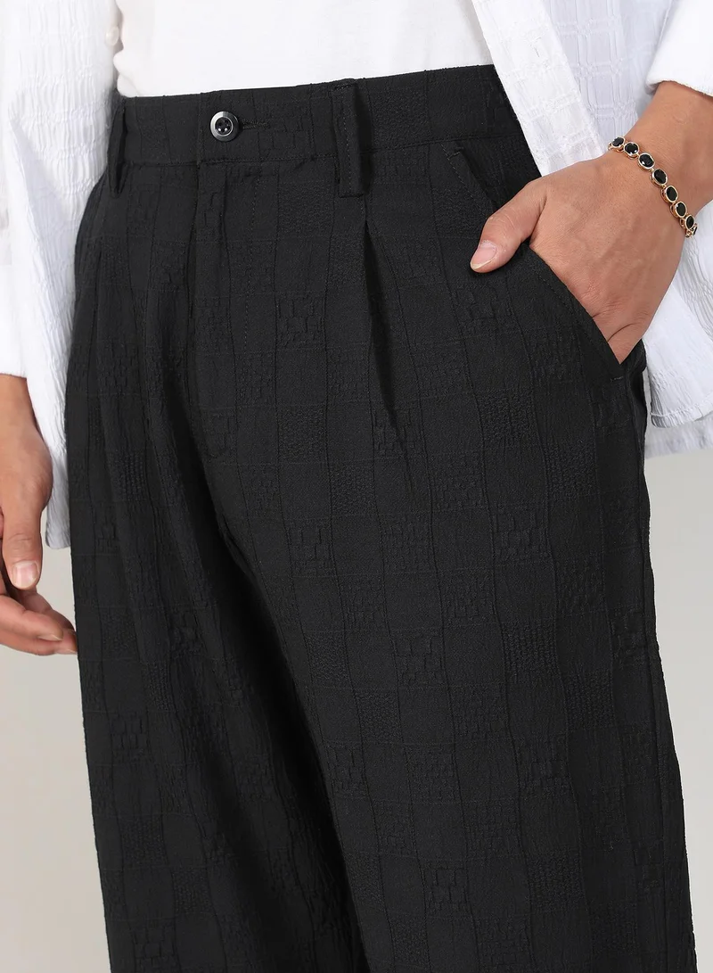 Campus Sutra Men's Midnight Black Creased-Check Trousers
