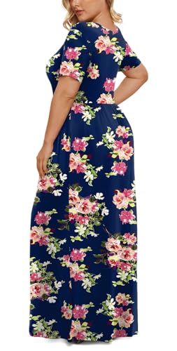 LONGYUAN Women's Plus Size Maxi Dresses for Curvy Women Summer Short Sleeve Casual 2026 Long Dress Navy Blue Fl 2XL - Image 3