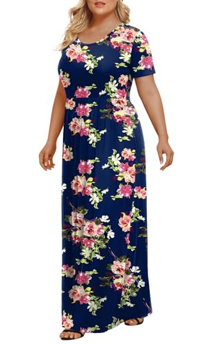LONGYUAN Women's Plus Size Maxi Dresses for Curvy Women Summer Short Sleeve Casual 2026 Long Dress Navy Blue Fl 2XL - Image 2
