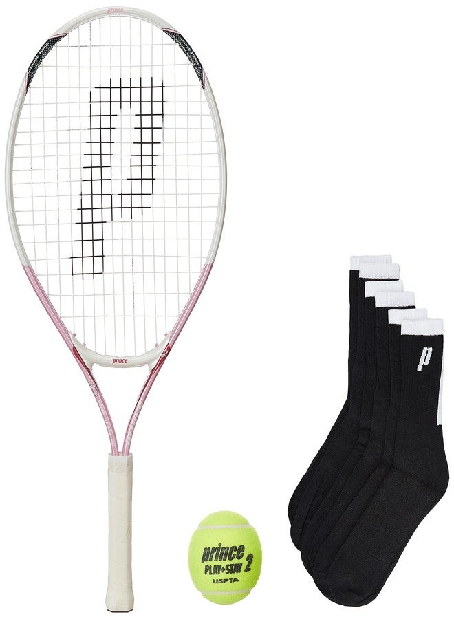 برنس مضرب تنس برينس وردي مقاس 23 مع 12 كرة تنس برينس ستيدج 2 برتقالية قياسية وجوارب برينس برو سوداء - Image 1