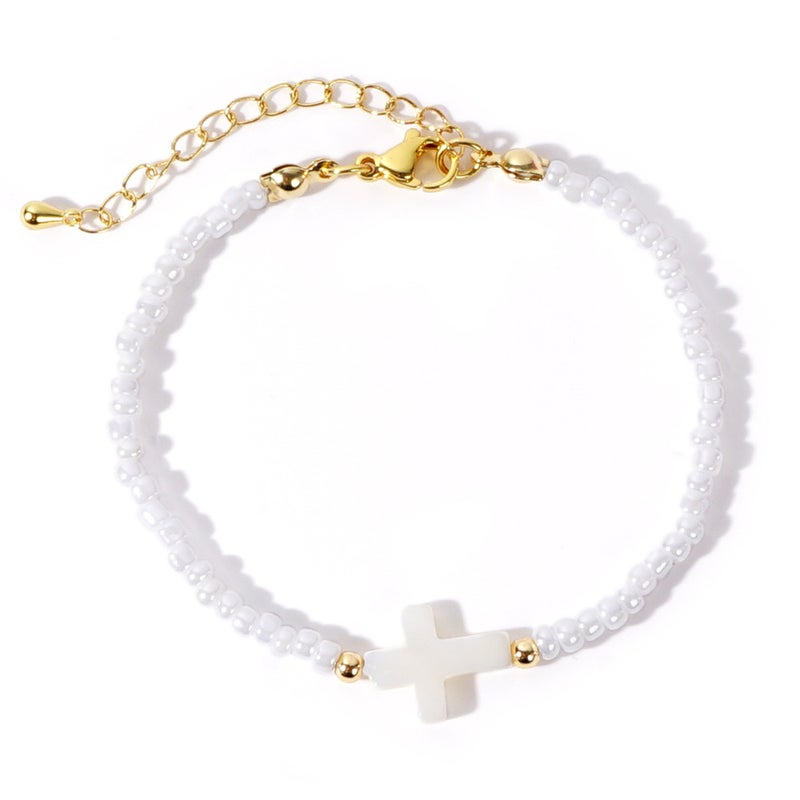 Foreign Trade Specializes in Beach Vacation Style Fashionable Copper Beads Shell Cross White Rice Beads Womens Bracelet Necklace Set GZ-B24041802A