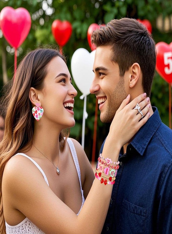 بي اف جي اي مجموعة BVGA من 6 أساور عيد الحب للنساء، تتضمن أقراطًا من الأكريليك على شكل قلوب حلوى وردية وحمراء، وأساور مطاطية مزينة بخرز ذهبي من طين هيشي، وإكسسوارات مجوهرات عيد الحب، وهدايا لها. - Image 4