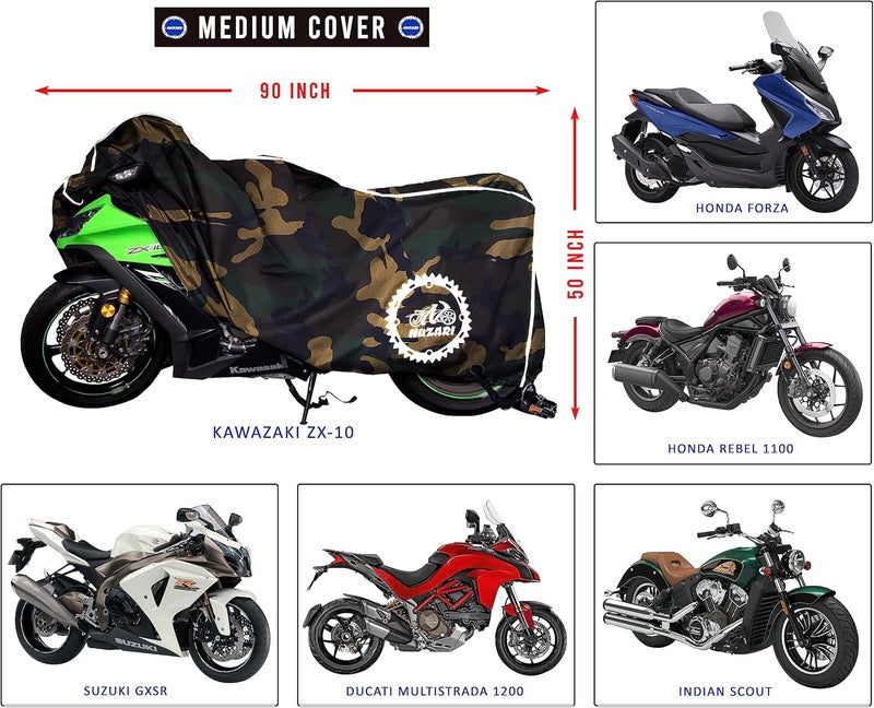 Nuzari Camouflage Motorcycle Cover - Medium, Heavy Duty Waterproof Polyester - Image 2