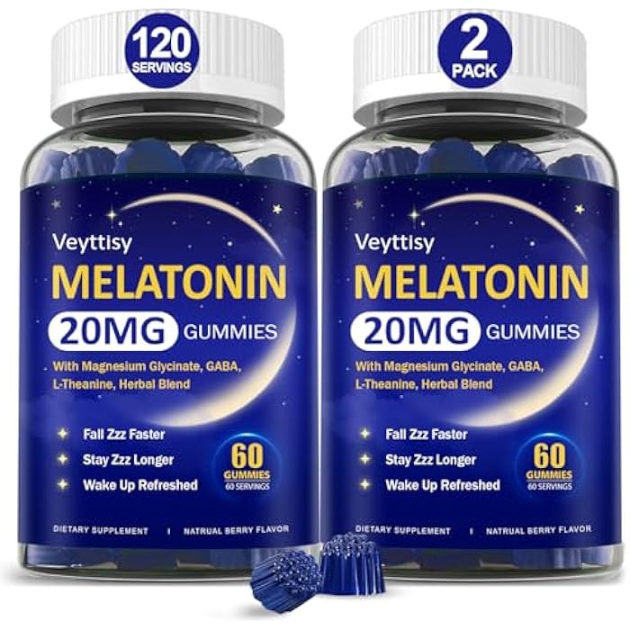 Veyttisy Melatonin 20mg Gummies for Adults - Max Strength Melatonin Gummy Supplement with Magnesium Glycinate, B6, B12, L-Theanine, GABA, & Herbs - Non-Habit Forming, Vegan, Natural Mixed Berry Flavor - Image 1