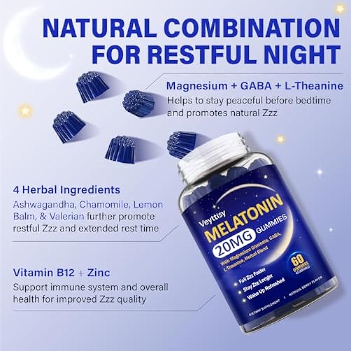 Veyttisy Melatonin 20mg Gummies for Adults - Max Strength Melatonin Gummy Supplement with Magnesium Glycinate, B6, B12, L-Theanine, GABA, & Herbs - Non-Habit Forming, Vegan, Natural Mixed Berry Flavor - Image 4