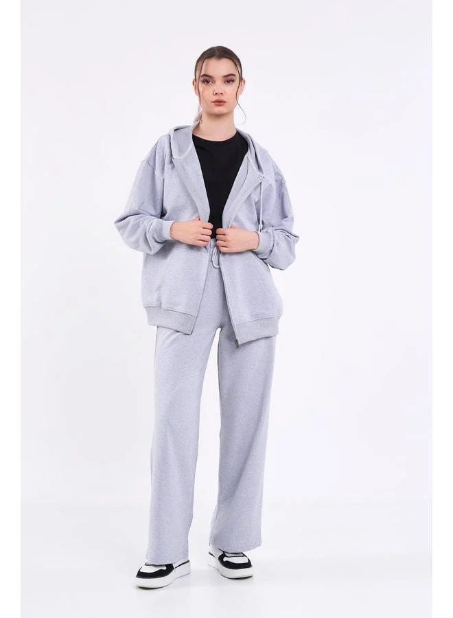 mmetalic Women's Gray Regular-Fit Basic Elastic-Waist Hooded Oversized Seasonal Tracksuit Set