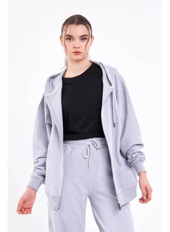 mmetalic Women's Gray Regular-Fit Basic Elastic-Waist Hooded Oversized Seasonal Tracksuit Set