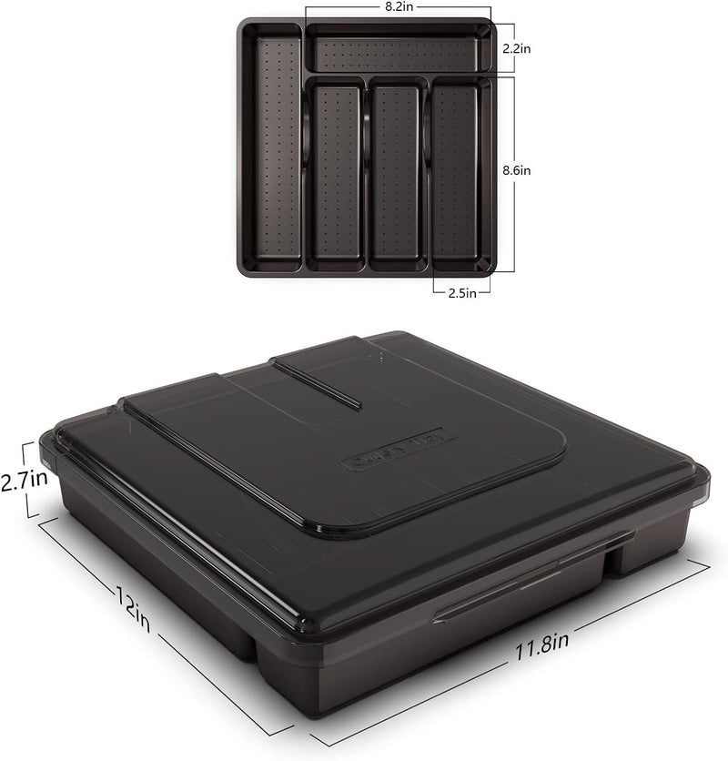 QINOL Silverware Tray with Lid, Utensil Drawer Organizer for Kitchen Countertop Plastic Flatware Organizers and Storage holder 5 Compartments Black - Image 3