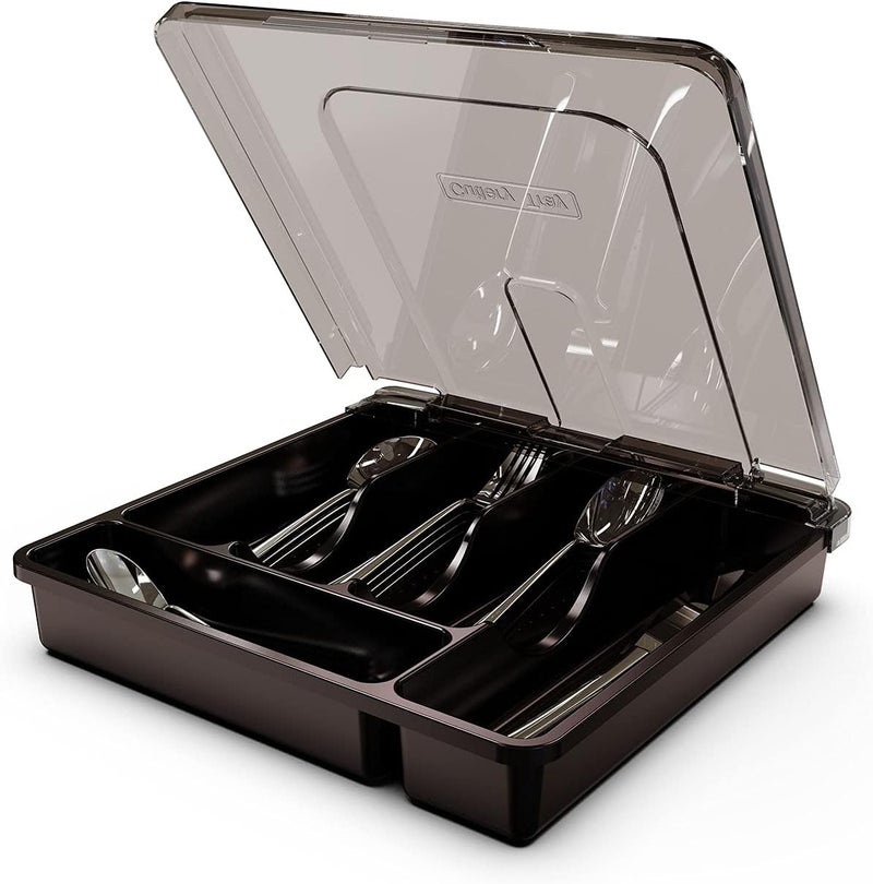 QINOL Silverware Tray with Lid, Utensil Drawer Organizer for Kitchen Countertop Plastic Flatware Organizers and Storage holder 5 Compartments Black - Image 1