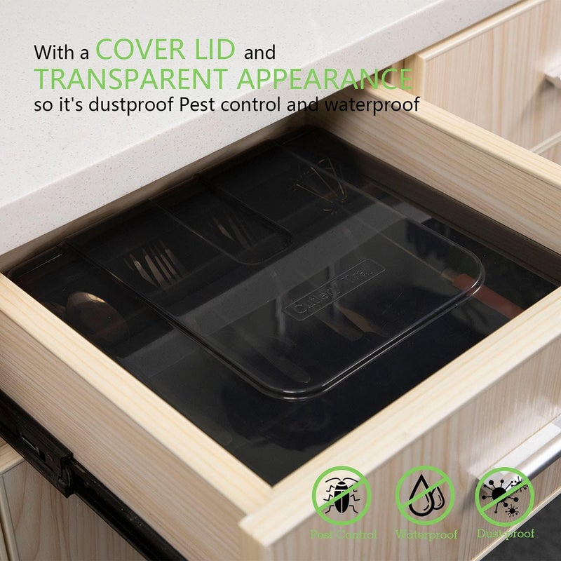 QINOL Silverware Tray with Lid, Utensil Drawer Organizer for Kitchen Countertop Plastic Flatware Organizers and Storage holder 5 Compartments Black - Image 5