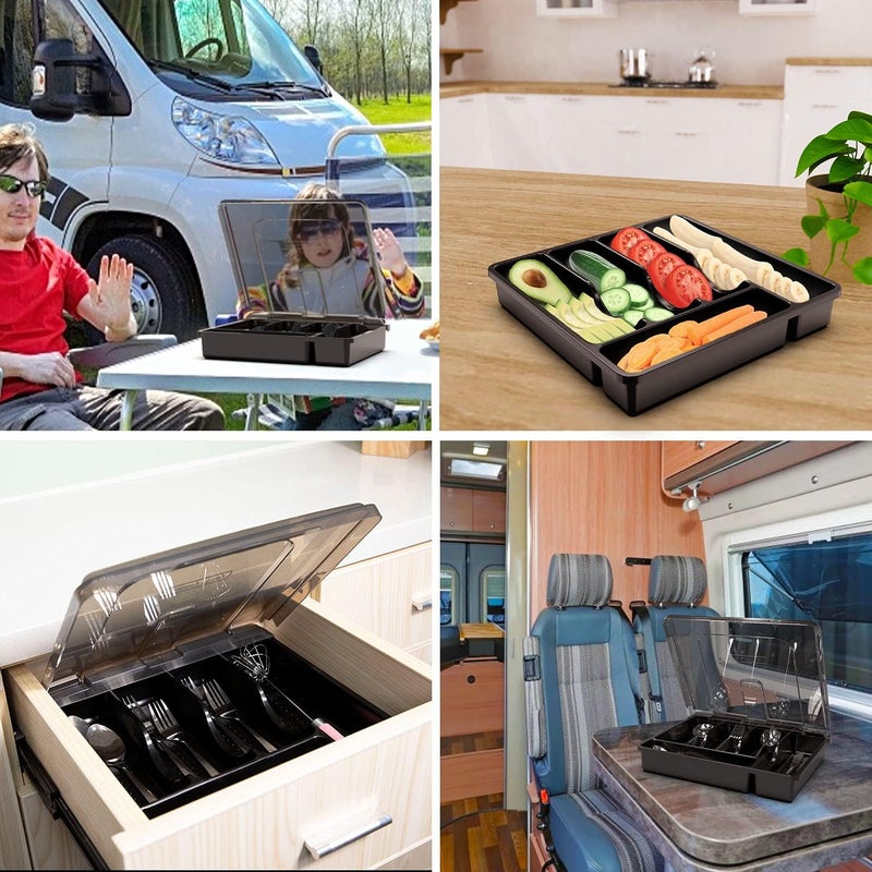 QINOL Silverware Tray with Lid, Utensil Drawer Organizer for Kitchen Countertop Plastic Flatware Organizers and Storage holder 5 Compartments Black - Image 4