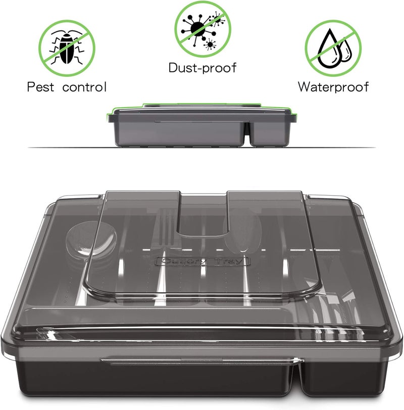 QINOL Silverware Tray with Lid, Utensil Drawer Organizer for Kitchen Countertop Plastic Flatware Organizers and Storage holder 5 Compartments Black - Image 2