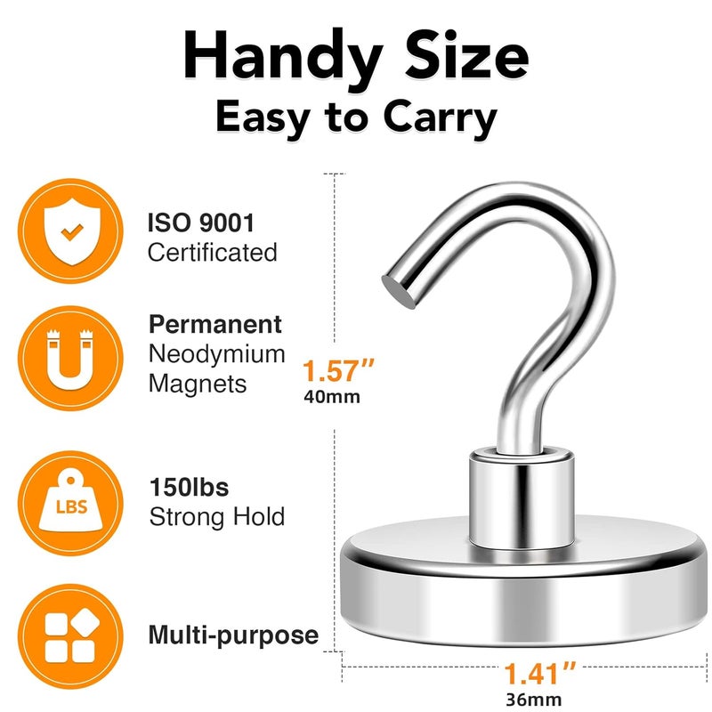 Mikede Magnetic Hooks Heavy Duty150Lbs Super Strong Magnetic Hooks For Cruise EssentialsNeodymium Earth Magnets With Hook For HangingMagnetic Metal Hanger For FridgeToolboxStorage4 PackSilver - Image 4