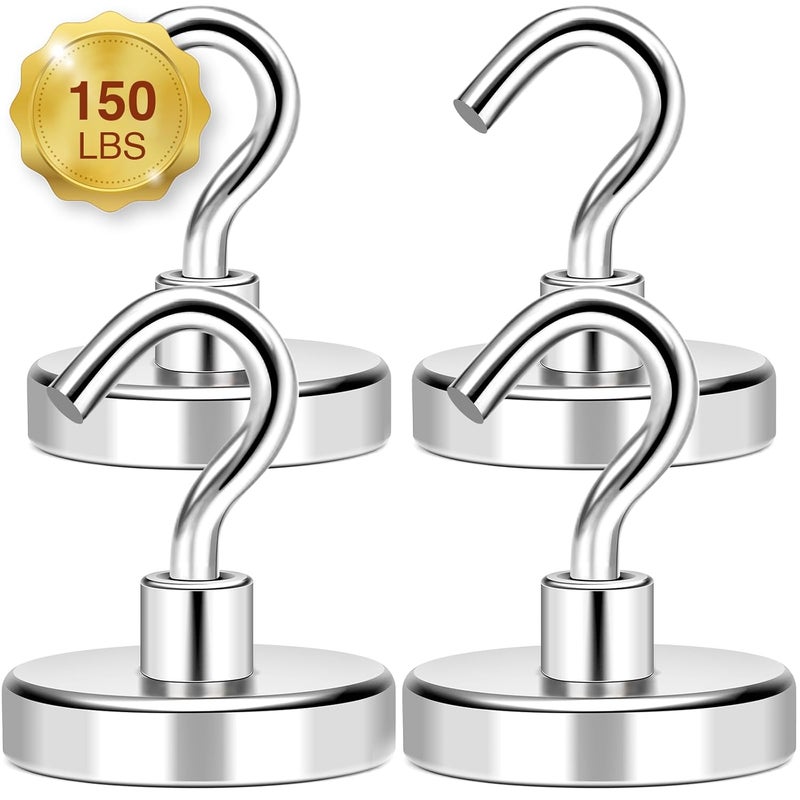 Mikede Magnetic Hooks Heavy Duty150Lbs Super Strong Magnetic Hooks For Cruise EssentialsNeodymium Earth Magnets With Hook For HangingMagnetic Metal Hanger For FridgeToolboxStorage4 PackSilver - Image 1