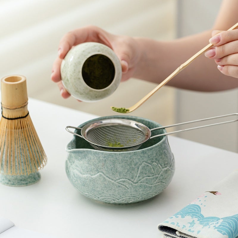 Green Ceramic Matcha Bowl Set 6-Piece Hand-Carved Mountain Relief - Drip-Free Eagle-Beak Spout Ergonomic Insulated Design For Beginners Home Travel Japanese Tea Ceremony - Image 2