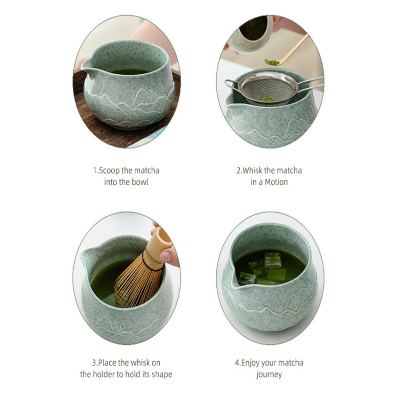 Green Ceramic Matcha Bowl Set 6-Piece Hand-Carved Mountain Relief - Drip-Free Eagle-Beak Spout Ergonomic Insulated Design For Beginners Home Travel Japanese Tea Ceremony - Image 4