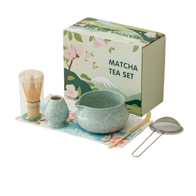 Green Ceramic Matcha Bowl Set 6-Piece Hand-Carved Mountain Relief - Drip-Free Eagle-Beak Spout Ergonomic Insulated Design For Beginners Home Travel Japanese Tea Ceremony - Image 1