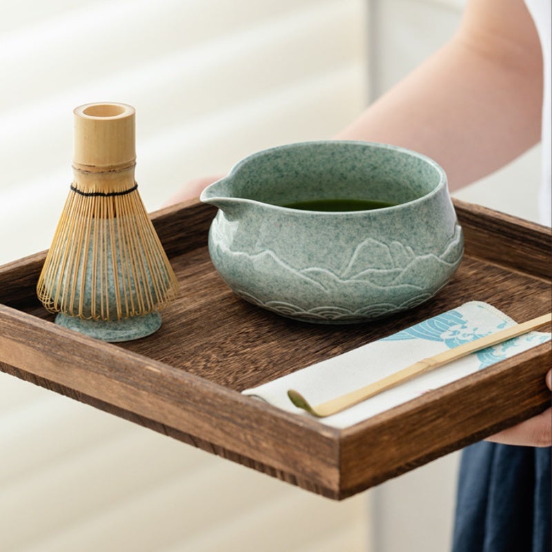 Green Ceramic Matcha Bowl Set 6-Piece Hand-Carved Mountain Relief - Drip-Free Eagle-Beak Spout Ergonomic Insulated Design For Beginners Home Travel Japanese Tea Ceremony - Image 5