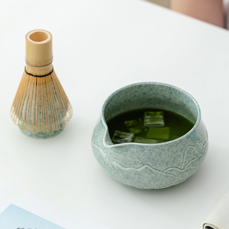 Green Ceramic Matcha Bowl Set 6-Piece Hand-Carved Mountain Relief - Drip-Free Eagle-Beak Spout Ergonomic Insulated Design For Beginners Home Travel Japanese Tea Ceremony - Image 3