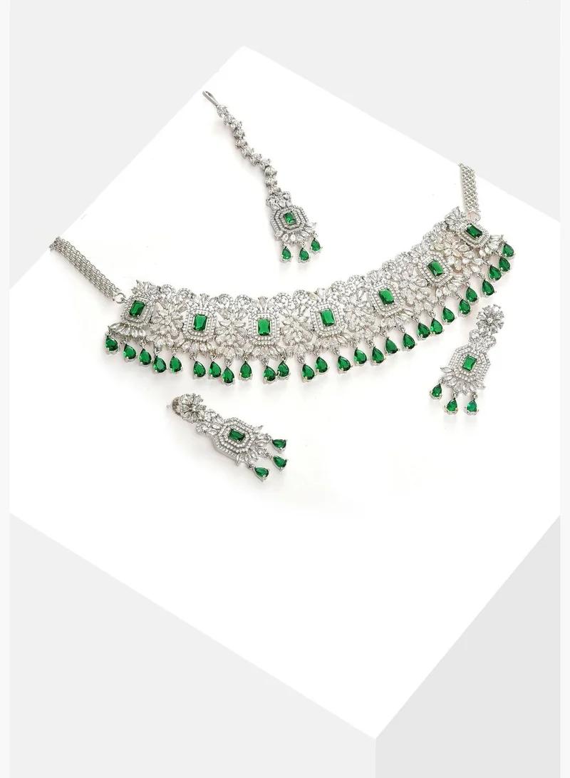 SOHI Silver Plated Designer Stone Necklace, Earrings and Maang Tikka Set Jewellery Set
