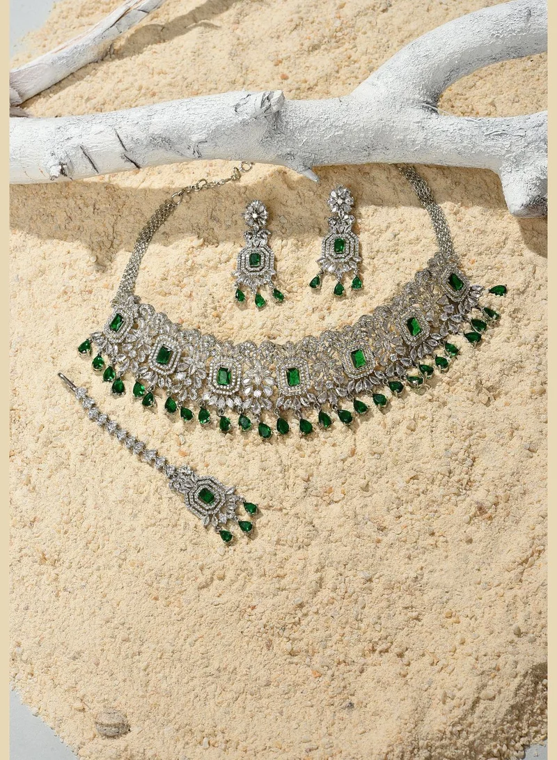 SOHI Silver Plated Designer Stone Necklace, Earrings and Maang Tikka Set Jewellery Set