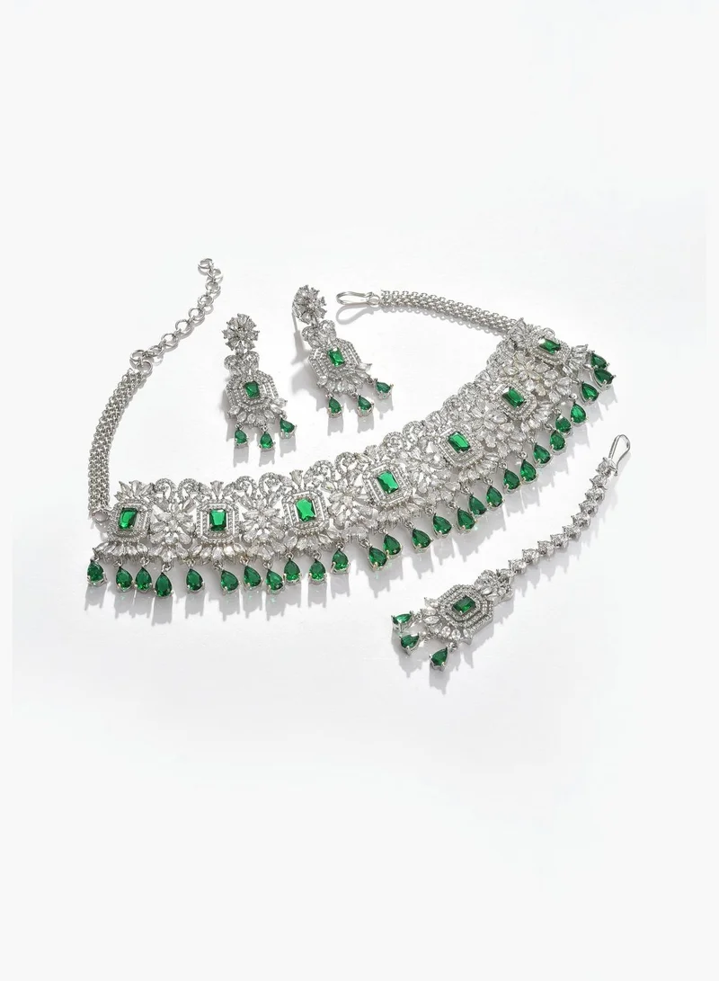 SOHI Silver Plated Designer Stone Necklace, Earrings and Maang Tikka Set Jewellery Set