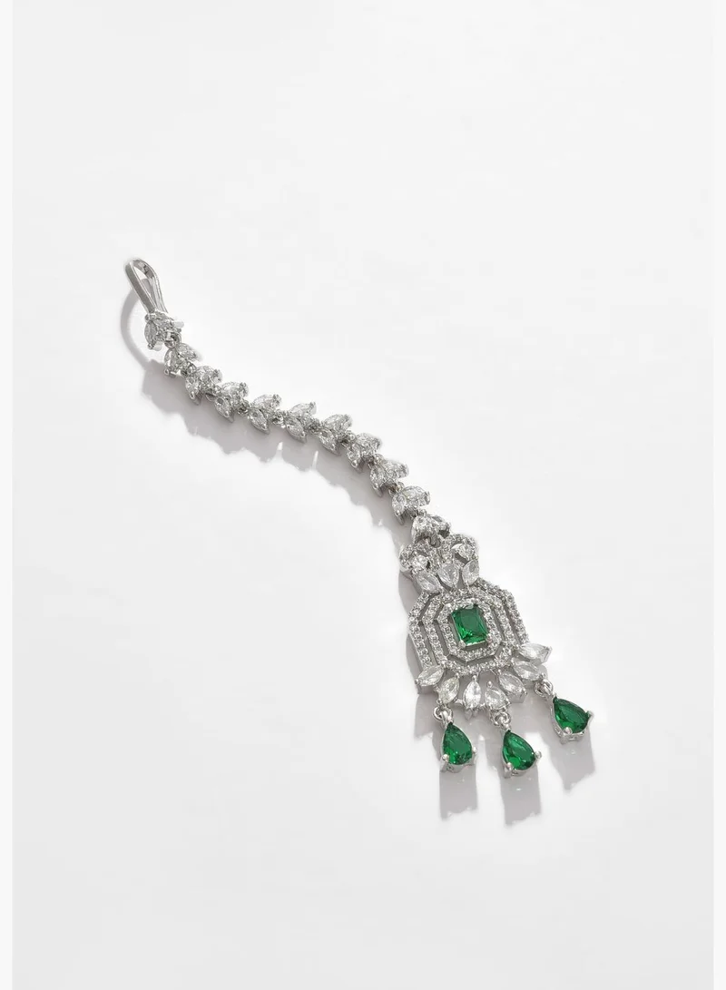 SOHI Silver Plated Designer Stone Necklace, Earrings and Maang Tikka Set Jewellery Set