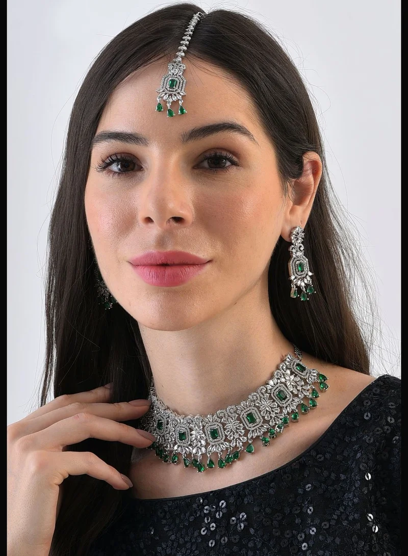 SOHI Silver Plated Designer Stone Necklace, Earrings and Maang Tikka Set Jewellery Set