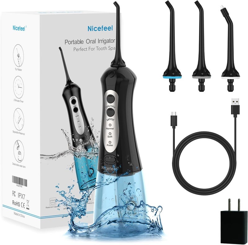 Nicefeel Cordless Portable and Rechargeable IPX7 Waterproof 3-Mode Water Flossing with 4 Jet Tips Oral Irrigator for Travel for Family (300ML) - Image 1