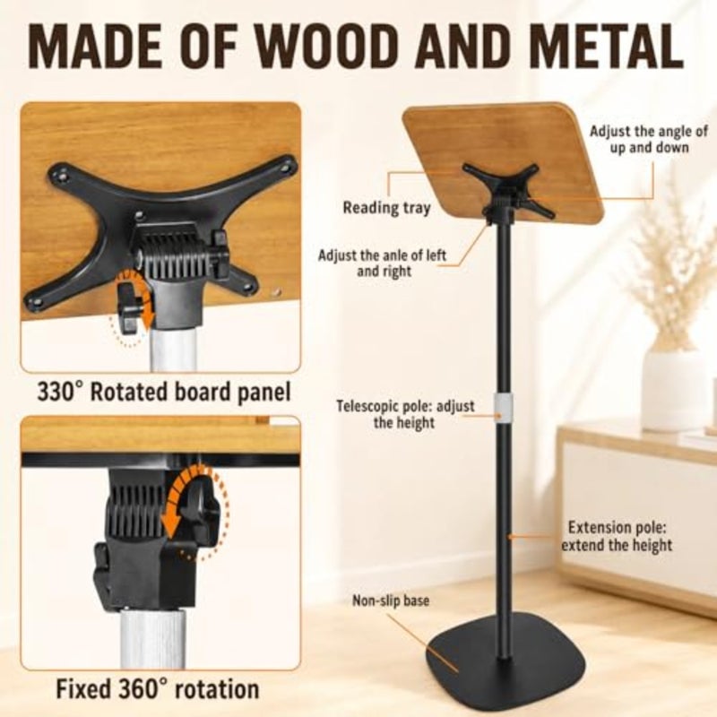 Adjustable Floor Stand, 50 169 cm Height and 180° Panel Angle Adjustable Book Stand, Holds up to 15 lbs for Books, Laptop, Tablet, Small Projector, Music Sheet, Bible, Podium and Cookbook - Image 5