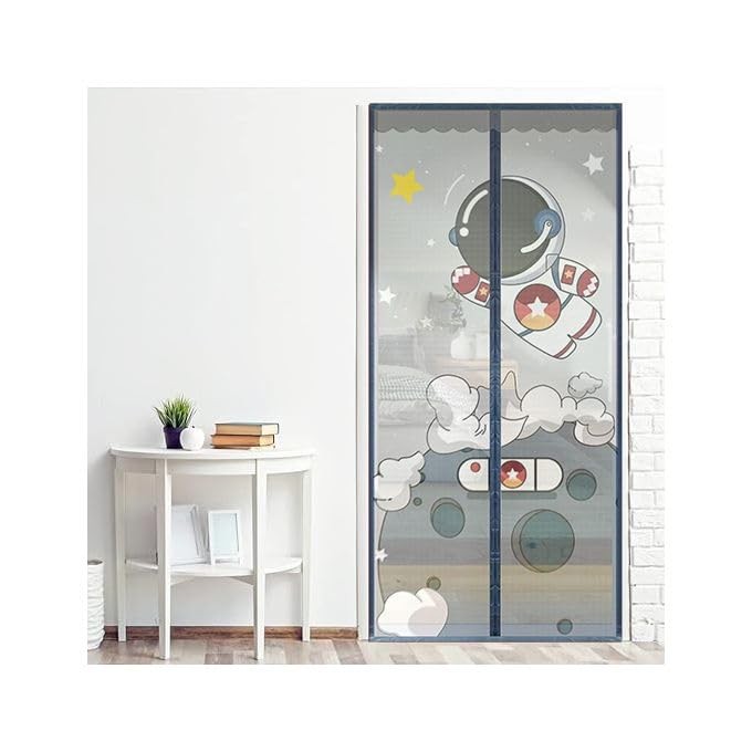Kn2 MART Polyester Magnetic Mosquito Net Planet Theme Curtain Compatible with All Door Types & Sizes Auto-Closing Insect Screen with Self Adhesive Hook Tape (210 * 100 cm-Grey) - Image 1