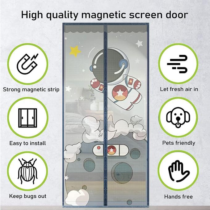 Kn2 MART Polyester Magnetic Mosquito Net Planet Theme Curtain Compatible with All Door Types & Sizes Auto-Closing Insect Screen with Self Adhesive Hook Tape (210 * 100 cm-Grey) - Image 4