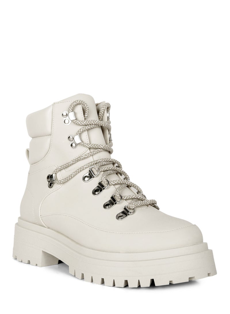 London Rag Women's Lace Up Chunky Platform Biker Boots in Ecru - Image 2