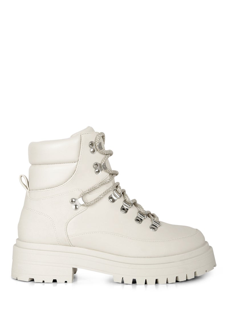 London Rag Women's Lace Up Chunky Platform Biker Boots in Ecru - Image 1