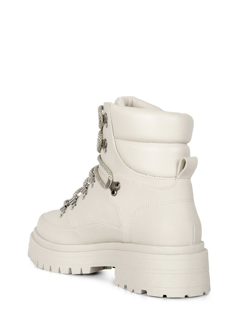 London Rag Women's Lace Up Chunky Platform Biker Boots in Ecru - Image 3