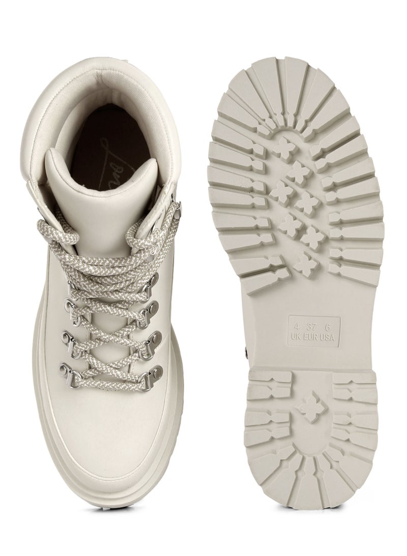 London Rag Women's Lace Up Chunky Platform Biker Boots in Ecru - Image 4