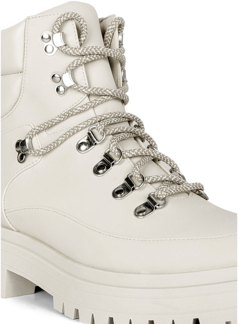London Rag Women's Lace Up Chunky Platform Biker Boots in Ecru - Image 5
