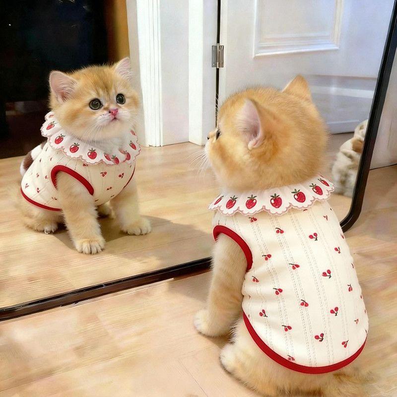 Cute Pet Clothes for Cats - Floral Lace Vest, Cherry Print, Gradient Color, Breathable Thin  Fabric - Image 1