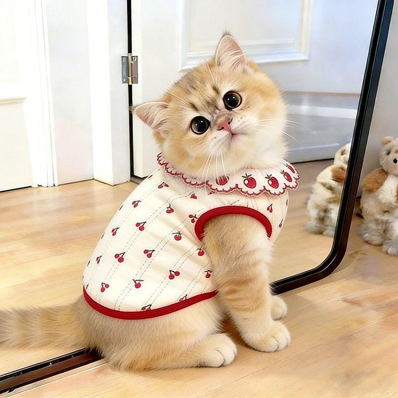 Cute Pet Clothes for Cats - Floral Lace Vest, Cherry Print, Gradient Color, Breathable Thin  Fabric - Image 4