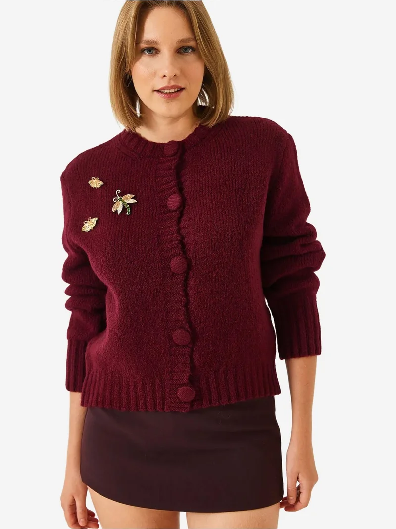 Bianco Lucci LUCCI Textured Knitwear Cardigan with Pompom