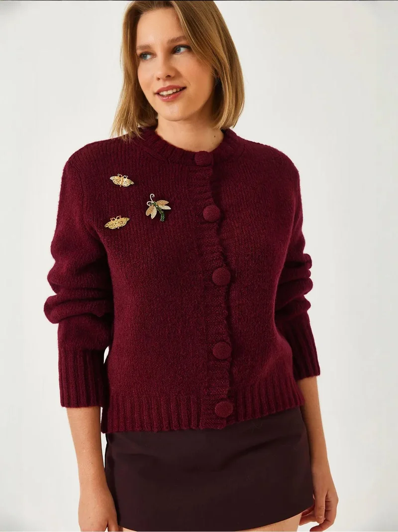 LUCCI Textured Knitwear Cardigan with Pompom