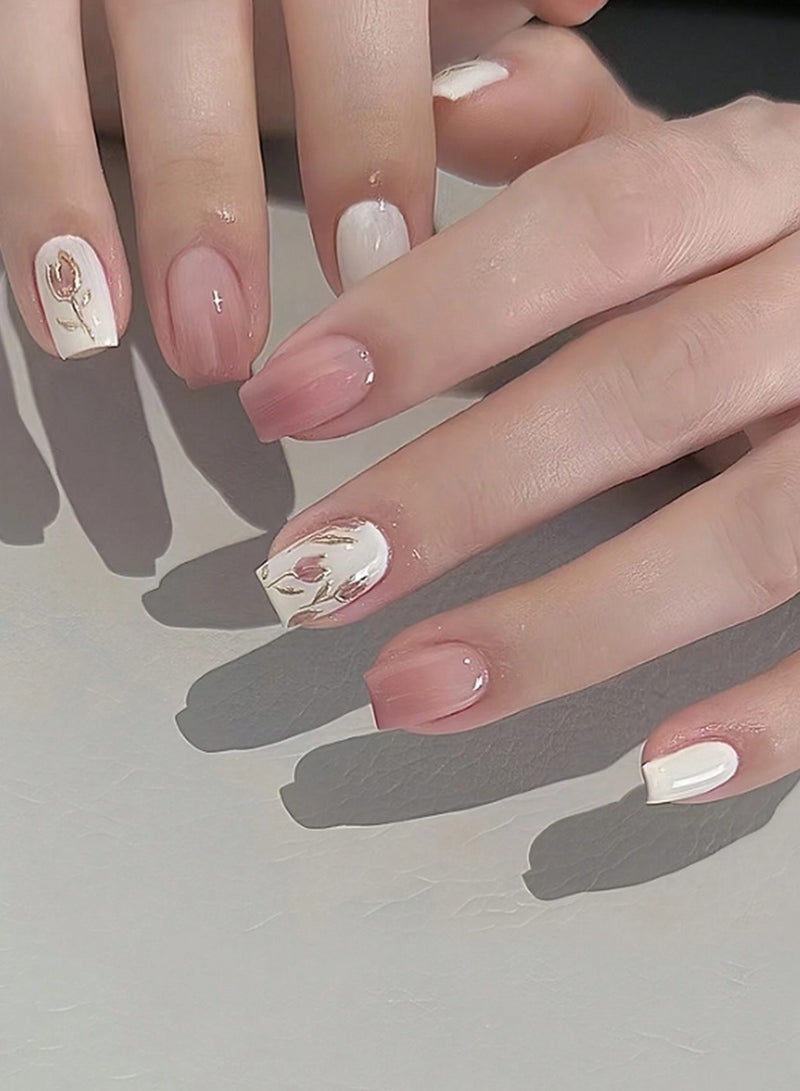 أظافر أومبري لاصقة أنيقة بتصاميم زهور رائعة بتدرجات وردية وبيضاء – مثالية لجميع المناسبات - Image 1