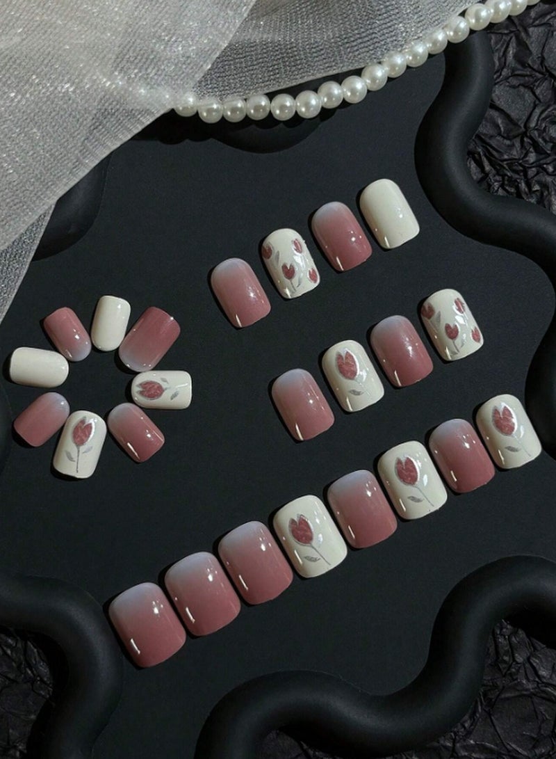 أظافر أومبري لاصقة أنيقة بتصاميم زهور رائعة بتدرجات وردية وبيضاء – مثالية لجميع المناسبات - Image 2