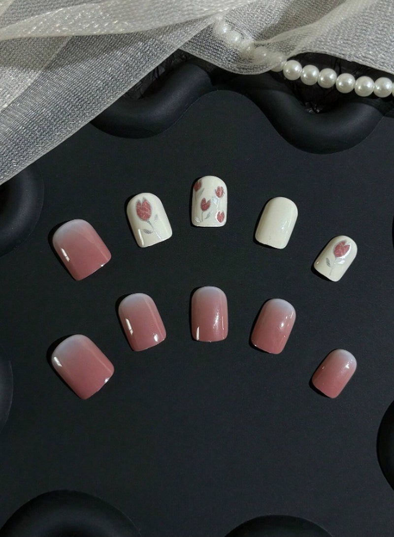 أظافر أومبري لاصقة أنيقة بتصاميم زهور رائعة بتدرجات وردية وبيضاء – مثالية لجميع المناسبات - Image 3