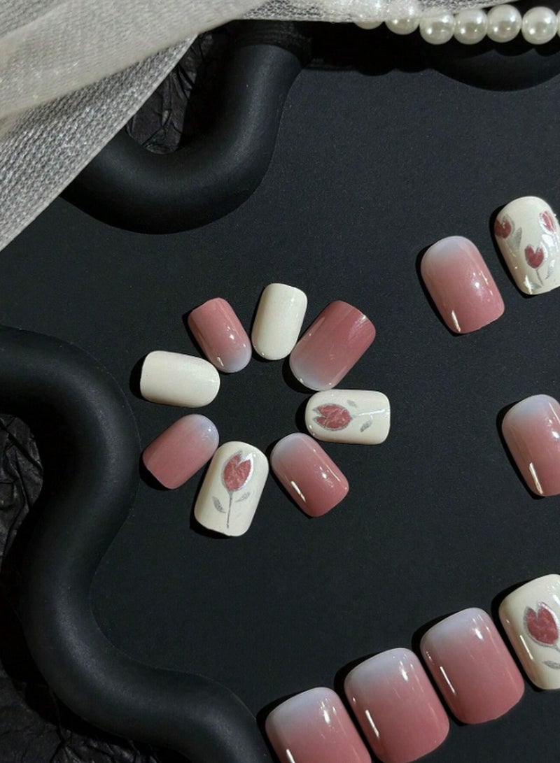 أظافر أومبري لاصقة أنيقة بتصاميم زهور رائعة بتدرجات وردية وبيضاء – مثالية لجميع المناسبات - Image 5