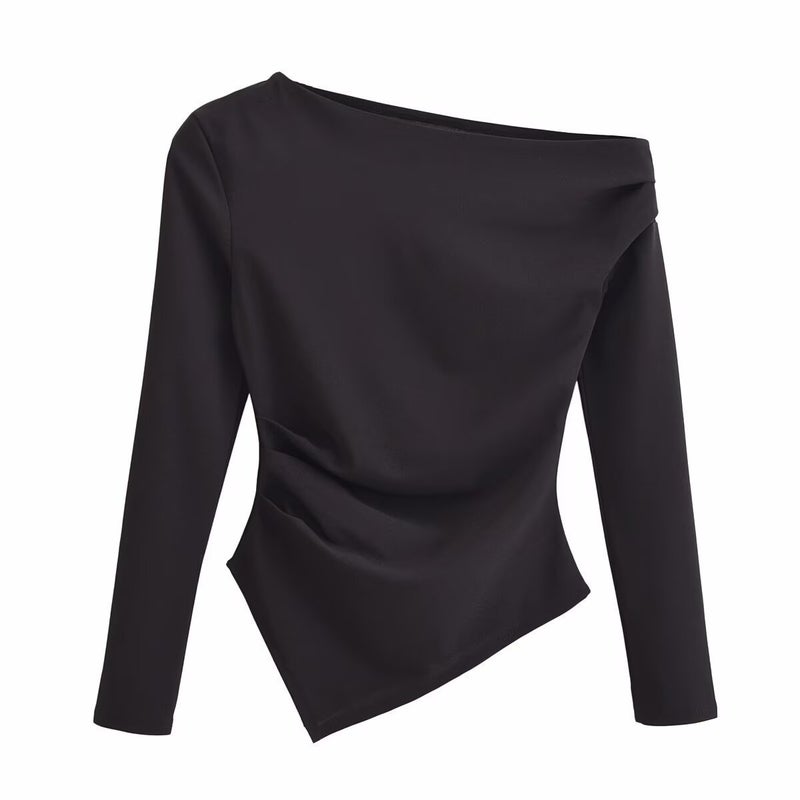 2024 Winter New Womens Clothing European and American-style Fashion Simple All-match Asymmetric Stretch Top 3644328 Brown - Image 3