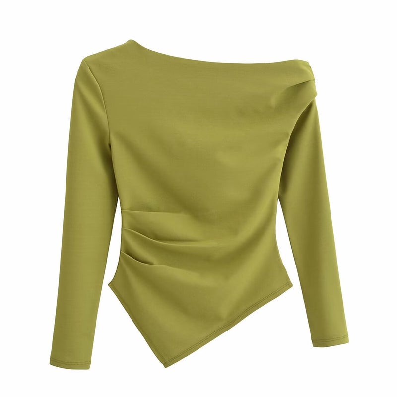 2024 Winter New Womens Clothing European and American-style Fashion Simple All-match Asymmetric Stretch Top 3644328 Brown - Image 4
