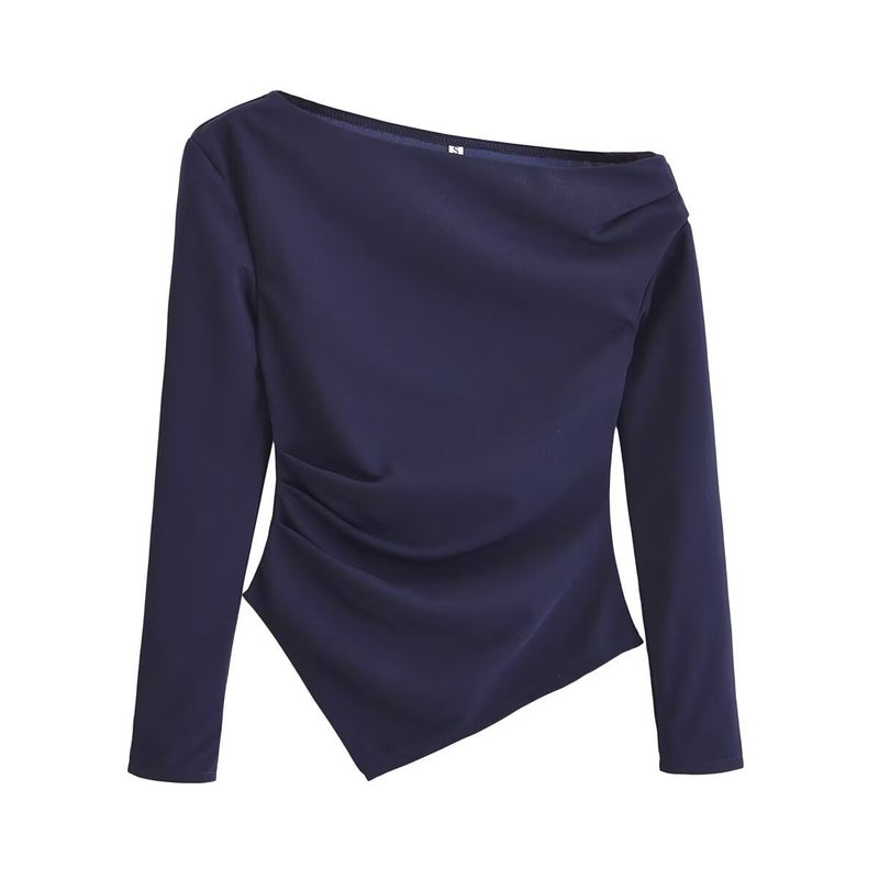 2024 Winter New Womens Clothing European and American-style Fashion Simple All-match Asymmetric Stretch Top 3644328 Brown - Image 2