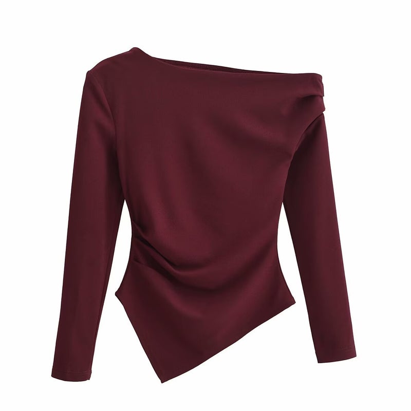 2024 Winter New Womens Clothing European and American-style Fashion Simple All-match Asymmetric Stretch Top 3644328 Brown - Image 5